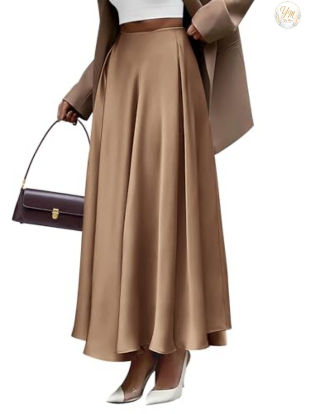 Satin Maxi Skirt High Waisted A-Line Flowy Pleated Hem